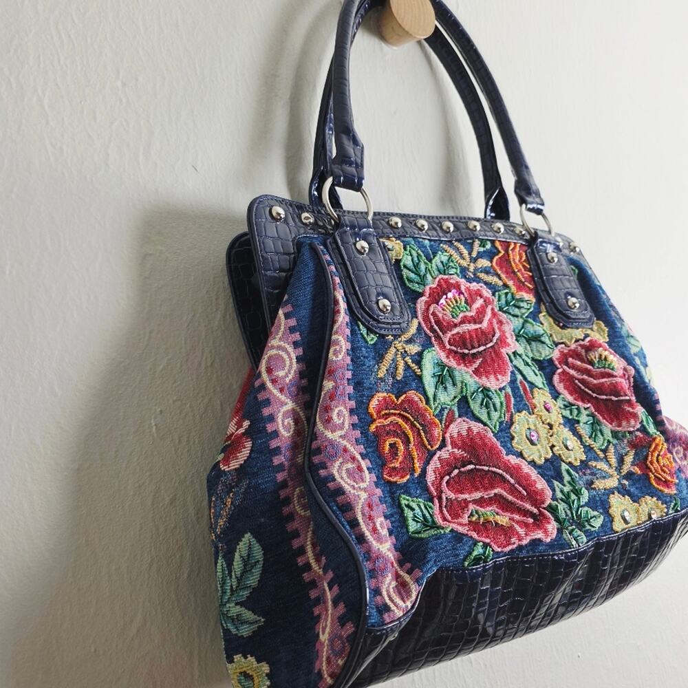 Mod X Navy Blue Floral Tapestry Embroidered Shoulder Bag Tote Silver Studded L - Picture 3 of 12